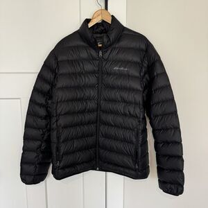 Eddie Bauer Black Nylon Down Filled Insulated Puffer Zip Up Jacket Mens Coat L